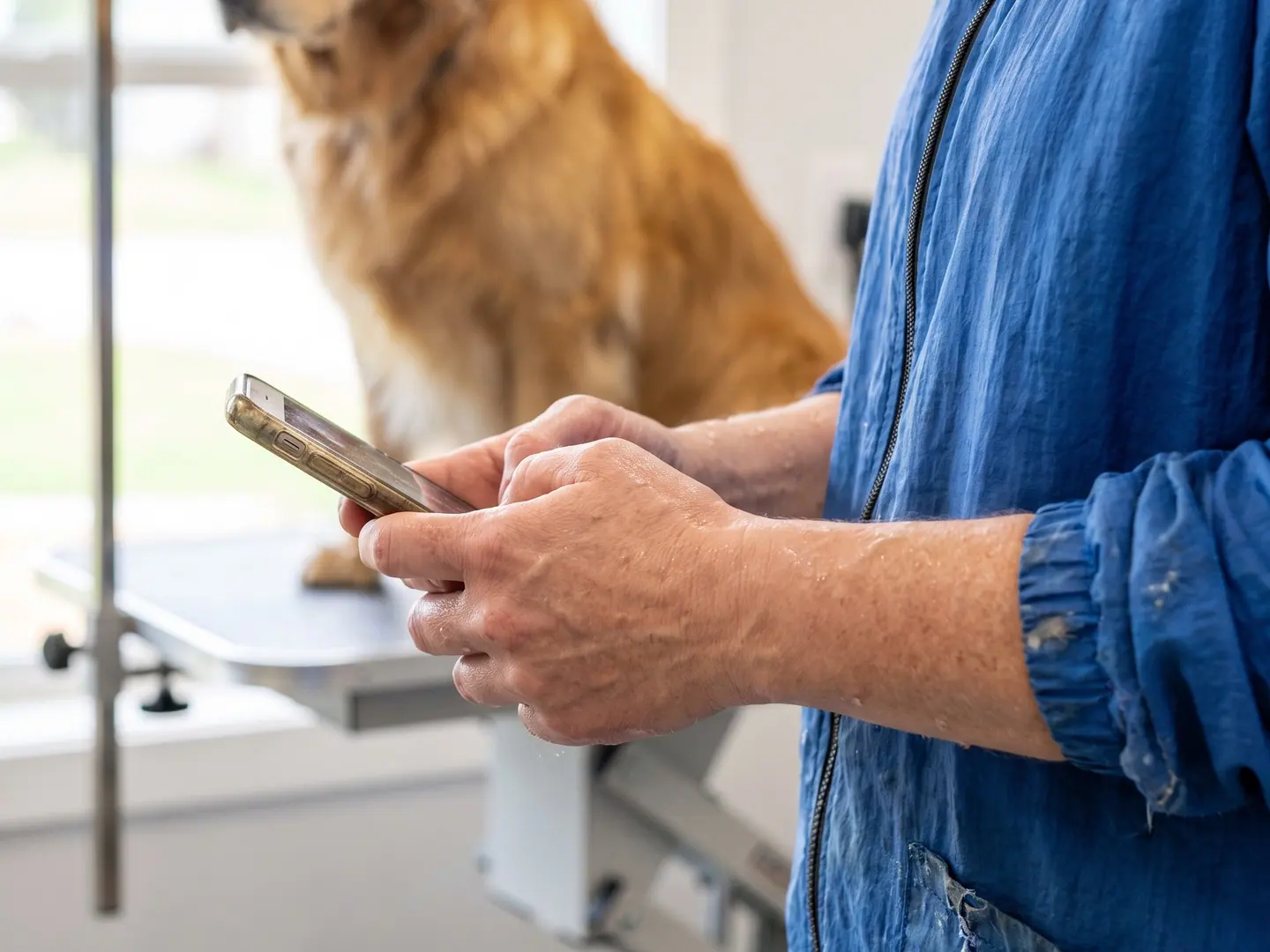 A groomer holding a phone in both hands while a golden retriever waits on the grooming table.