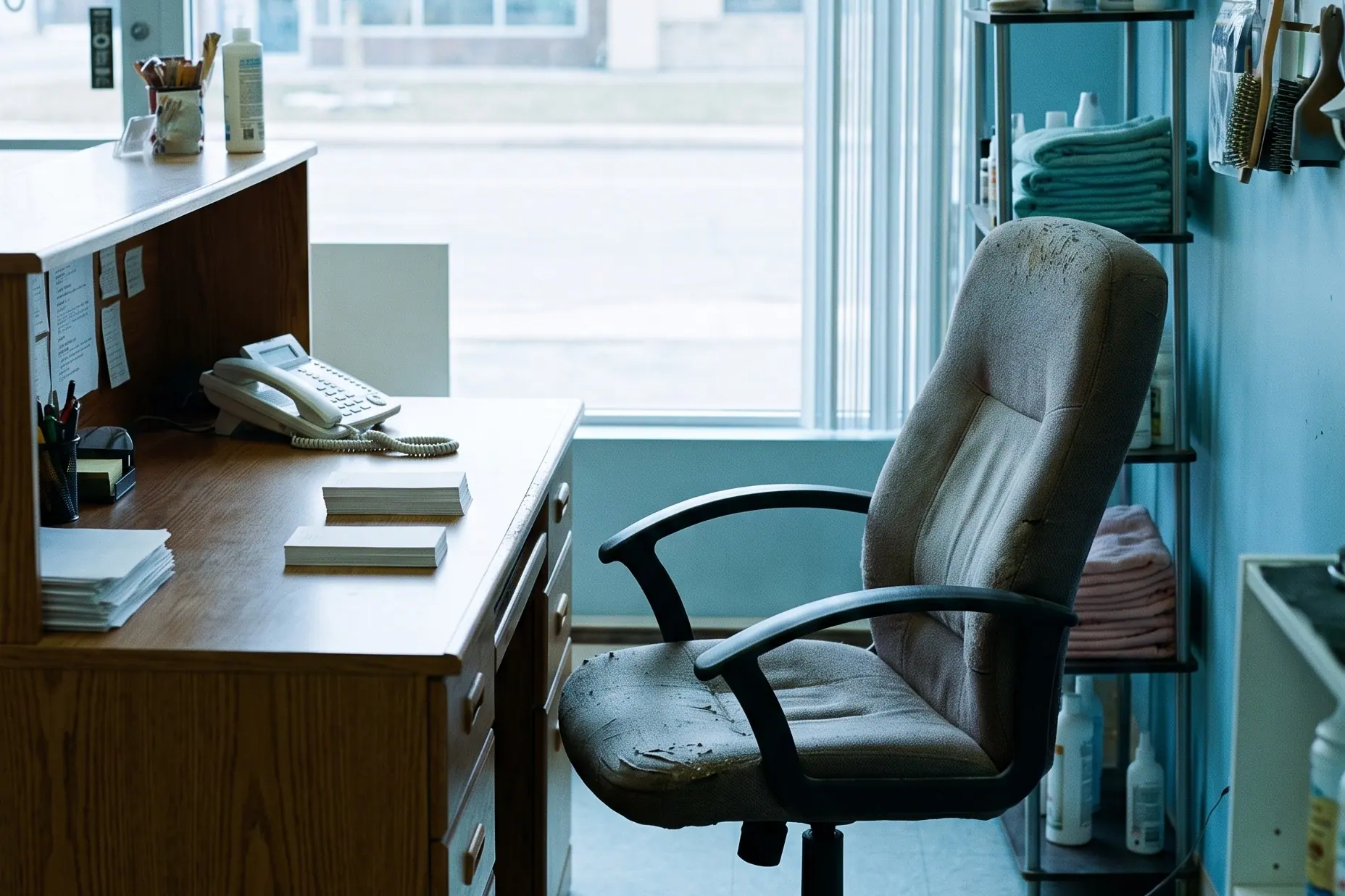 An empty front-desk chair beside a reception desk, the phone still on the counter.