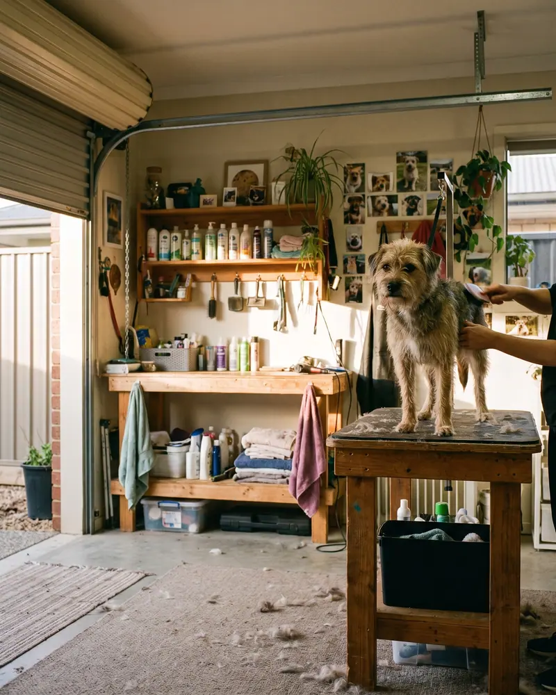 A tidy home grooming setup in a converted garage.