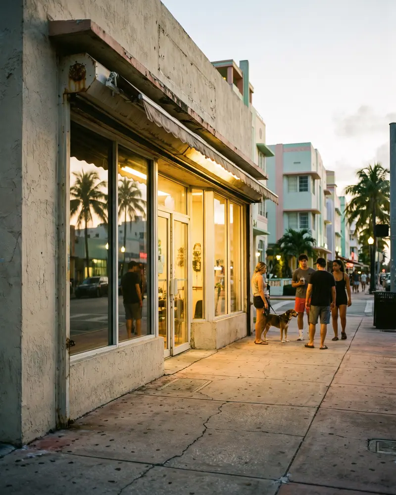 A grooming storefront lit from inside at dusk.