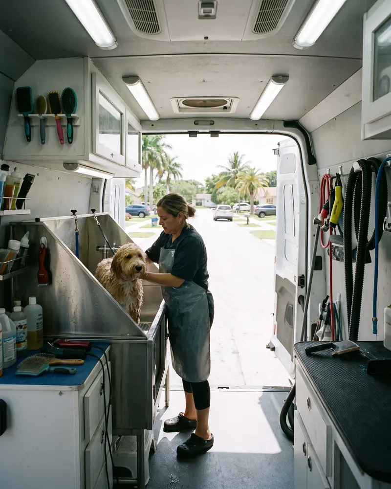 The inside of a mobile grooming van with the rear doors open onto a palm-lined street.